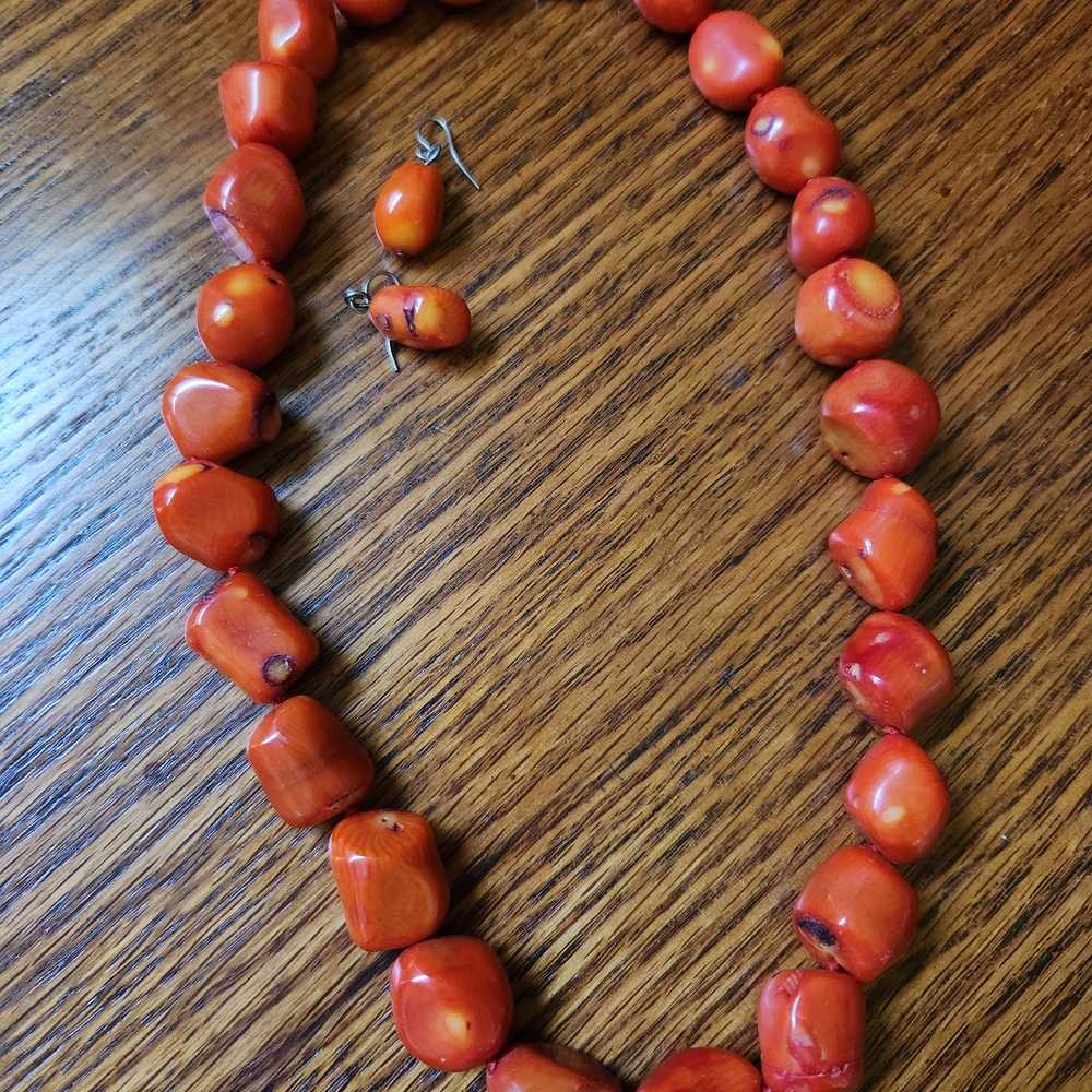 Elegant Red/Orange Coral Necklace and Earring Set